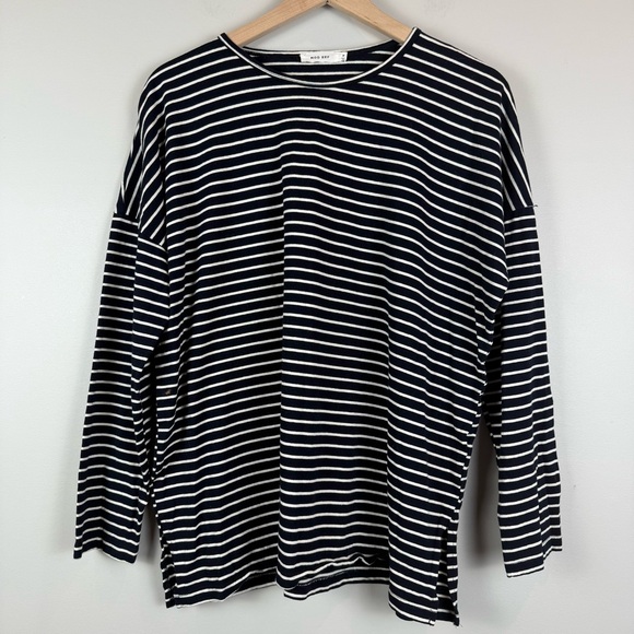 Mod Ref Top Women Sz M Black White Striped Linen Blend Long Sleeve Casual Basic - Picture 1 of 8